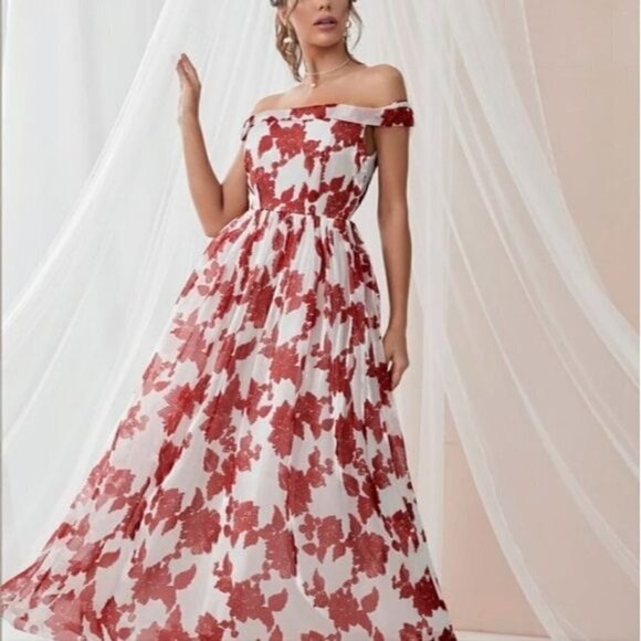 RED AND WHITE FLORAL A LINE SPECIAL EVENT MAXI DRESS - Picture 1 of 9